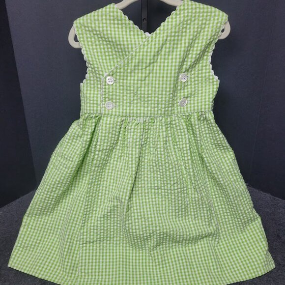 Girls Green and White Seersucker Smocked Dress w/ Seashell Print 2 - Picture 5 of 10